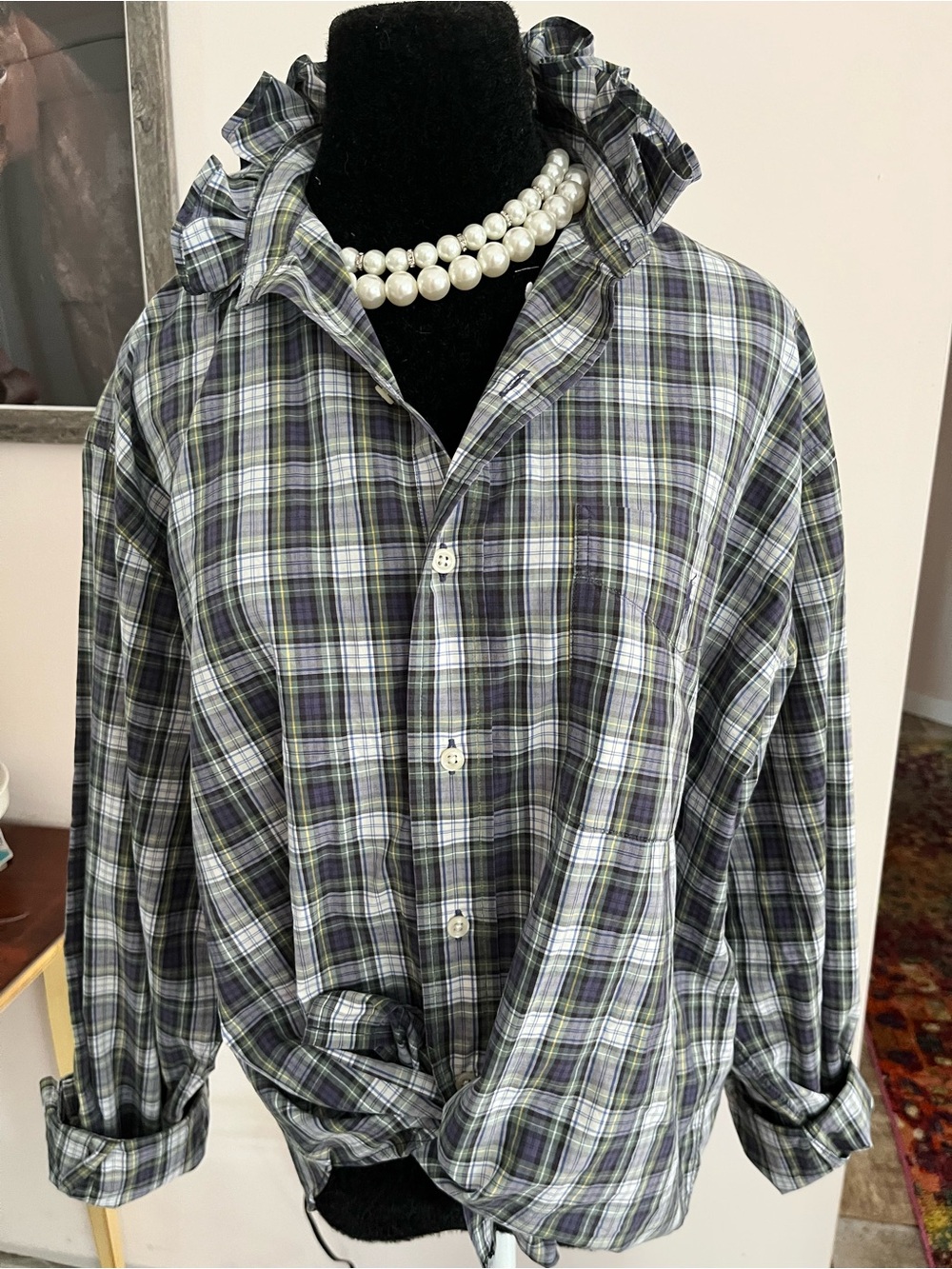 Upcycled Ralph Lauren Green Navy Plaid Cotton Button-Down Shirt Ruffle Collar